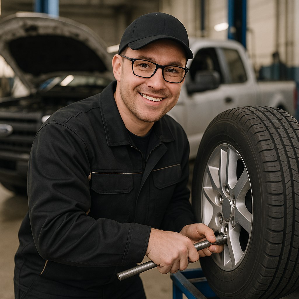 Мужчина, работающий с автомобильной шиной в автосервисе